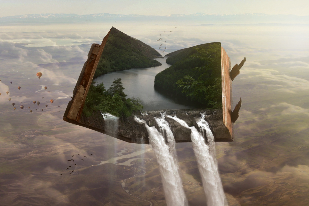 A dreamy floating island with waterfalls, with Anne Lamott’s quote about unplugging to reset and heal